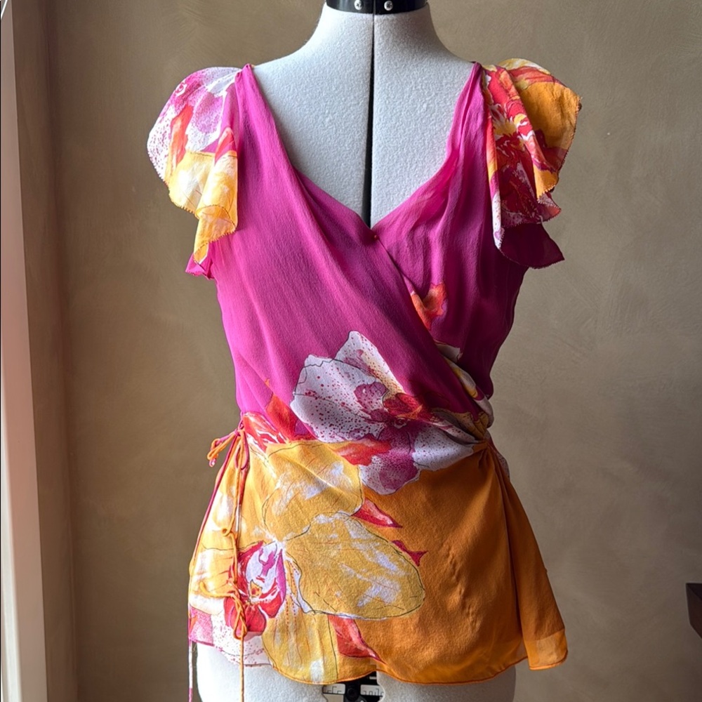 Diane Von Furstenberg Pink and Orange Floral Wrap Blouse